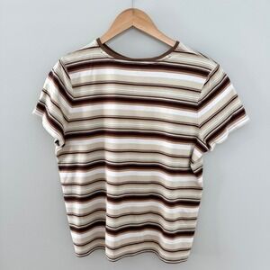 Studio Works Cream/Brown Striped Short Sleeve‎ Scoop Neck Shirt Women's XL